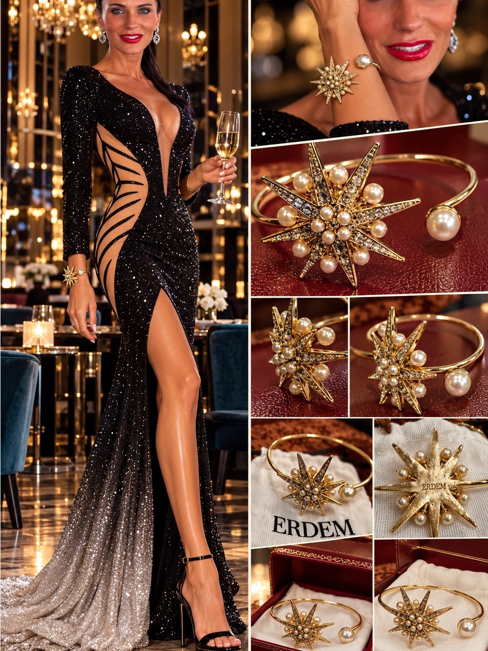 ERDEM Gold Pearl Starburst Cuff Bracelet with Crystal Accents